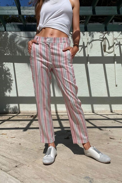 Pembe Keten Cepli Düğmeli Boru Paça Havuç Pantolon