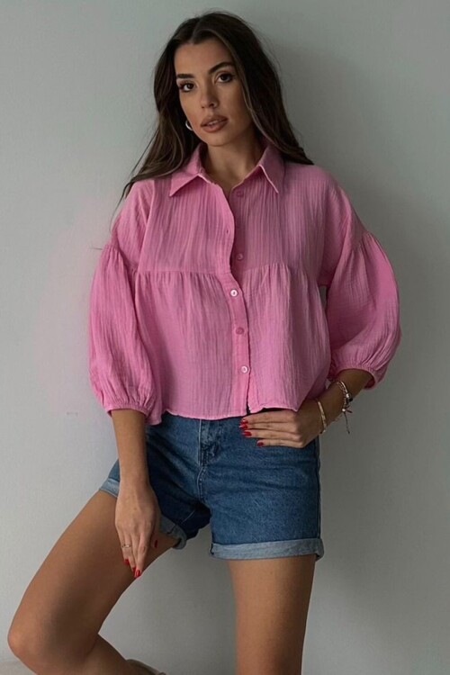 Pembe Kısa Kol Müslin Kumaş Premium Gömlek BCRU-261292