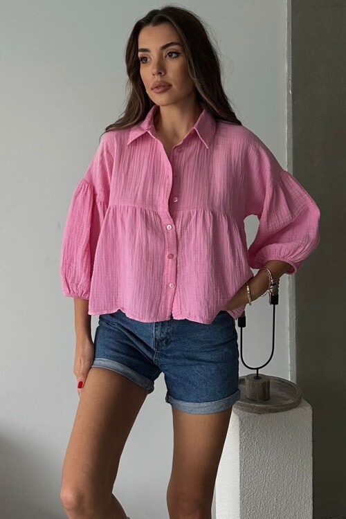 Pembe Kısa Kol Müslin Kumaş Premium Gömlek BCRU-261292