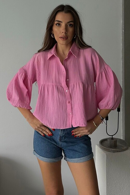 Pembe Kısa Kol Müslin Kumaş Premium Gömlek BCRU-261292
