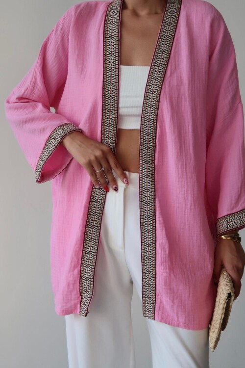 Pembe Nakış Detaylı Keten Kimono BCRU-261303