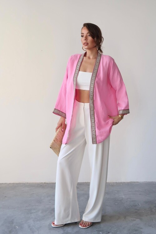 Pembe Nakış Detaylı Keten Kimono BCRU-261303