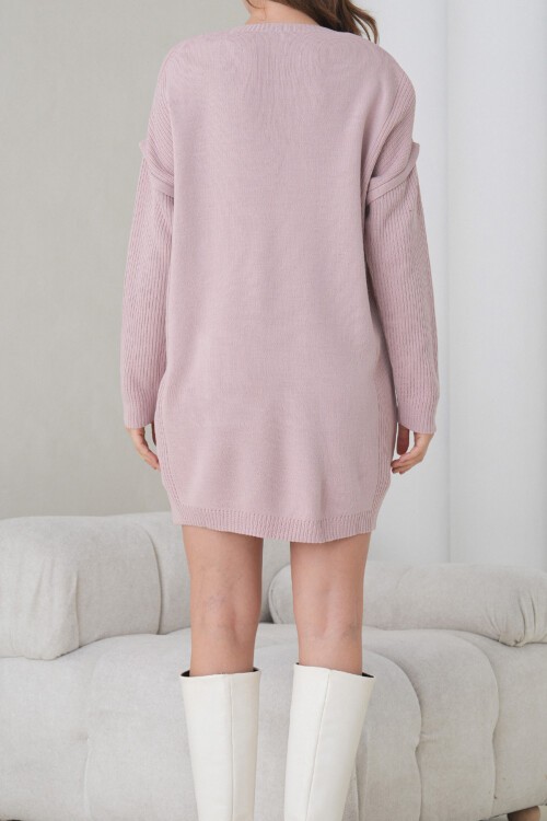 Pembe Ribanalı Bisiklet Yaka Mini Triko Elbise BCHPK-251239