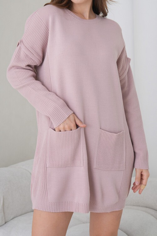 Pembe Ribanalı Bisiklet Yaka Mini Triko Elbise BCHPK-251239