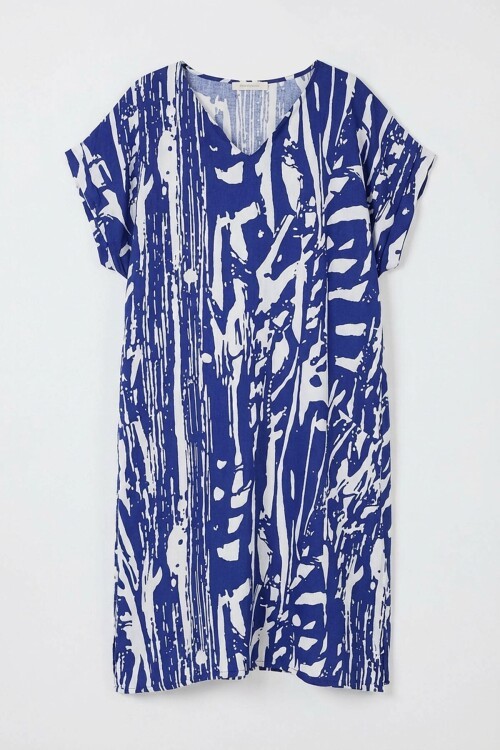 Saks Desenli V Yaka Yarasa Kol Oversize Midi Elbise