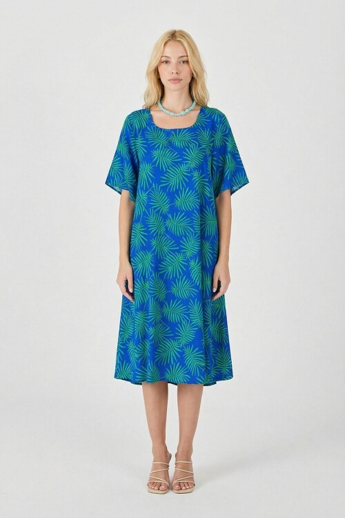 Saks Geniş Yaka Desenli Midi Boy Elbise