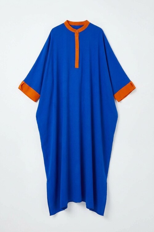 Saks Renk Bloklu Uzun Boy Salaş Dokuma Elbise