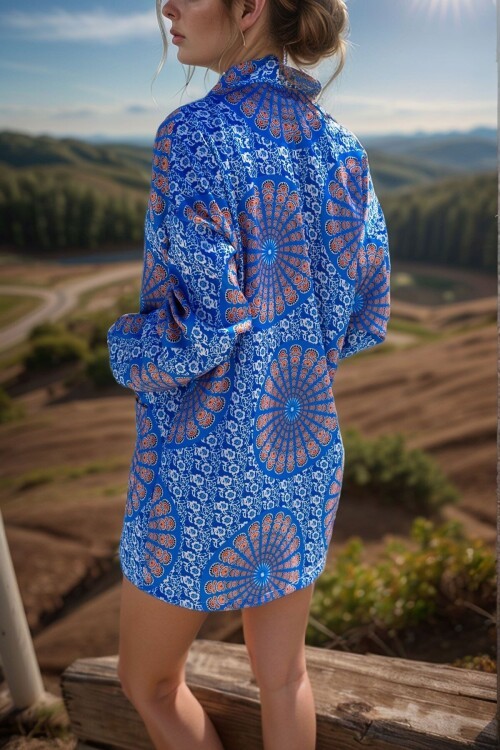 Saks Saten Çift Cep Salaş Kimono