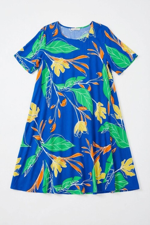 Saks Yaprak Desenli U Yaka Kısa Kollu Midi Boy Elbise