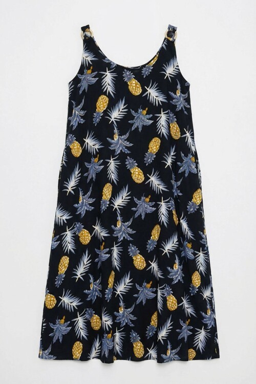 Sarı Askılı Boncuk Detaylı Çift Cepli Desenli Salaş Elbise