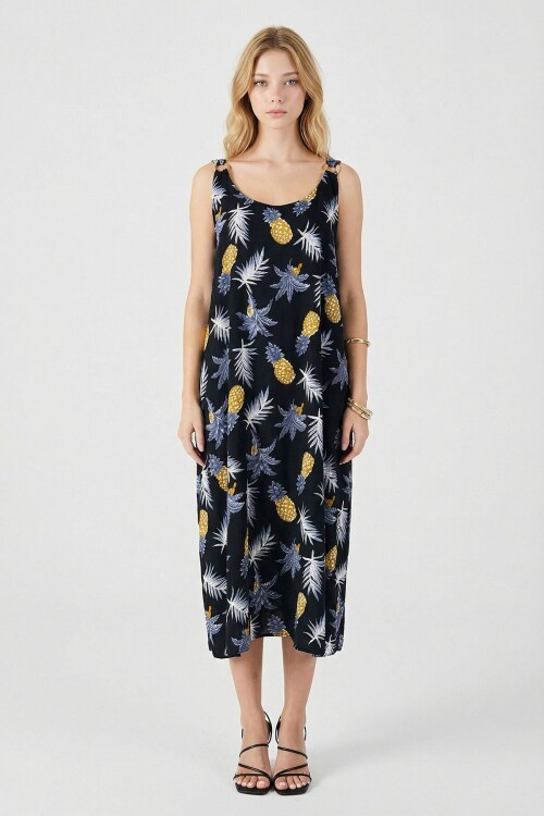 Sarı Askılı Boncuk Detaylı Çift Cepli Desenli Salaş Elbise