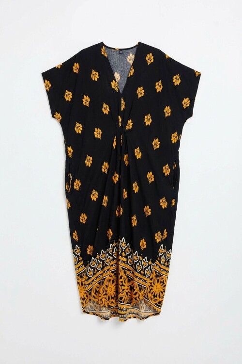 Sarı Desenli V Yaka Salaş Kesim Kaftan Elbise