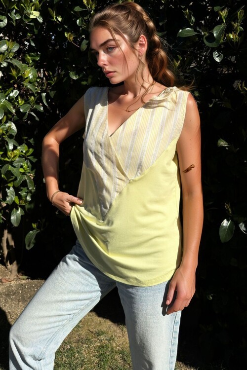 Sarı Yakası Kruvaze Garnili Kolsuz Salaş Bluz