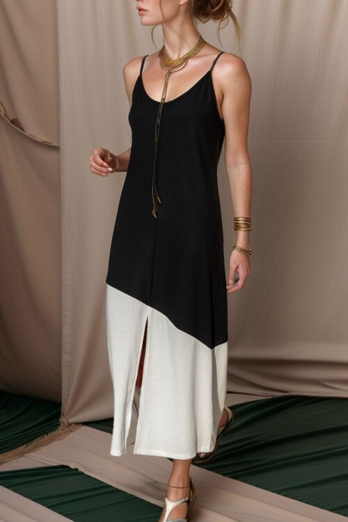 Siyah Asimetrik Bloklu Yırtmaçlı Askılı Uzun Elbise