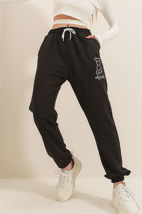 Siyah Ayıcık Baskılı Paçası Lastikli İki İplik Eşofman Altı BCHYL-251258