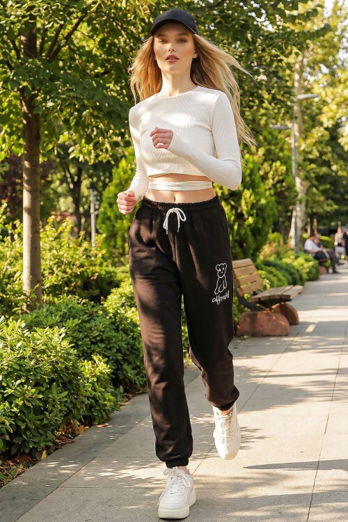 Siyah Ayıcık Baskılı Paçası Lastikli İki İplik Eşofman Altı BCHYL-251258