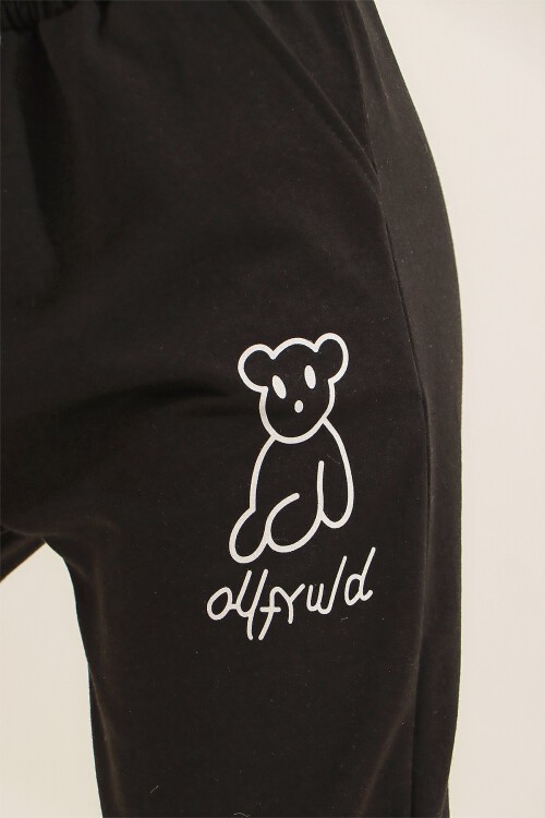 Siyah Ayıcık Baskılı Paçası Lastikli İki İplik Eşofman Altı BCHYL-251258