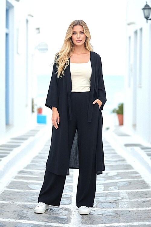 Siyah Bağlamalı Kimono Keten Takım