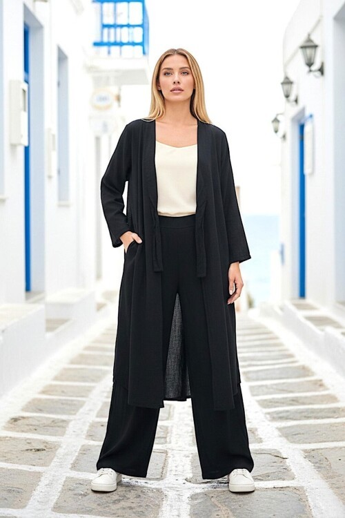 Siyah Bağlamalı Kimono Keten Takım