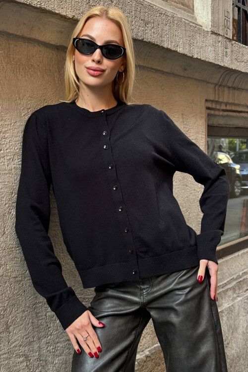 Siyah Bisiklet Yaka Düğmeli Triko Hırka BCHZCK-251267
