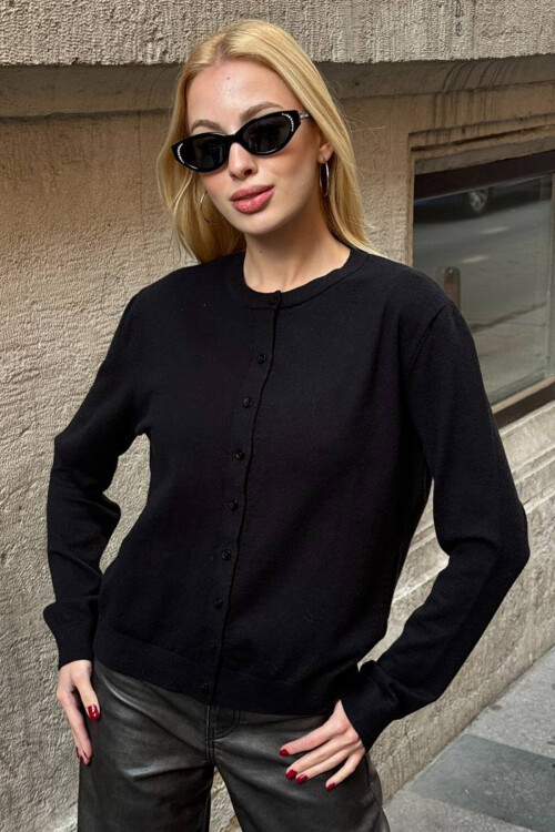 Siyah Bisiklet Yaka Düğmeli Triko Hırka BCHZCK-251267