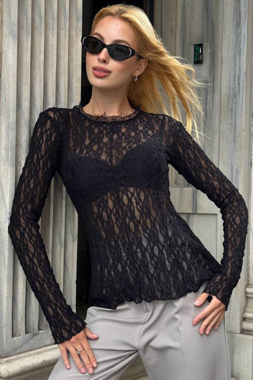 Siyah Bisiklet Yaka Pens Detaylı Tül Bluz BCHZCK-251263