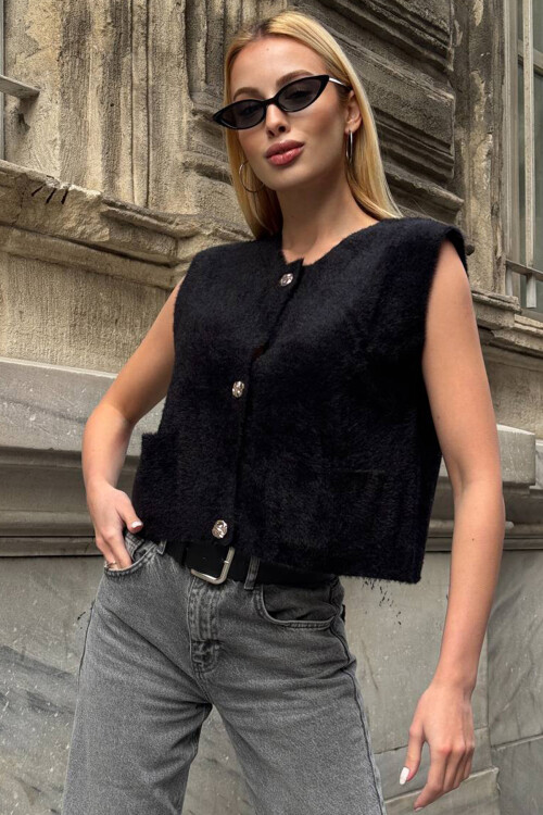 Siyah Çift Cepli Gold Düğmeli Yumoş Yelek Bluz BCHZCK-251262