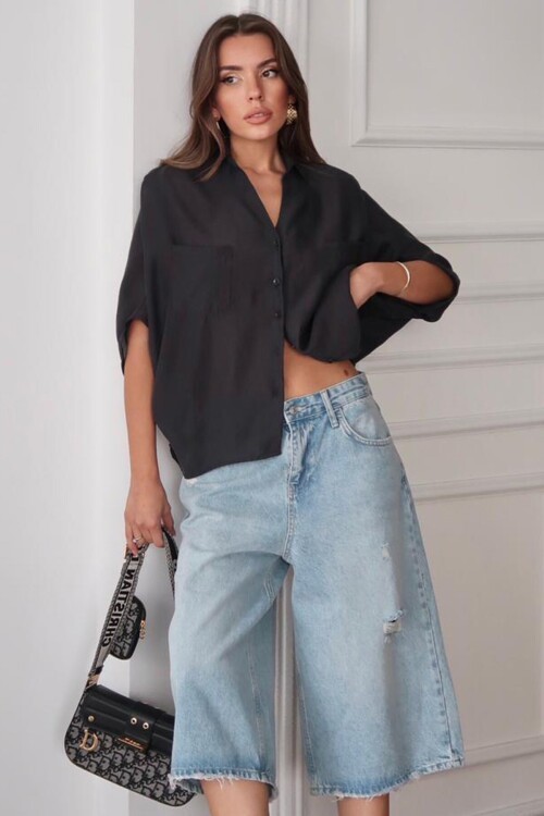Siyah Çift Cepli Yarasa Kol Gömlek BCRU-261296