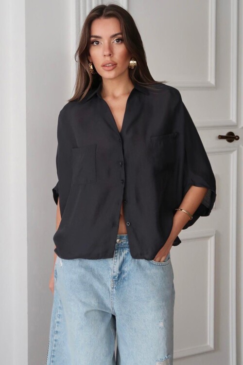 Siyah Çift Cepli Yarasa Kol Gömlek BCRU-261296