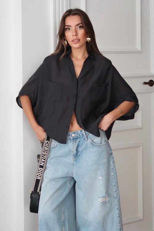 Siyah Çift Cepli Yarasa Kol Gömlek BCRU-261296