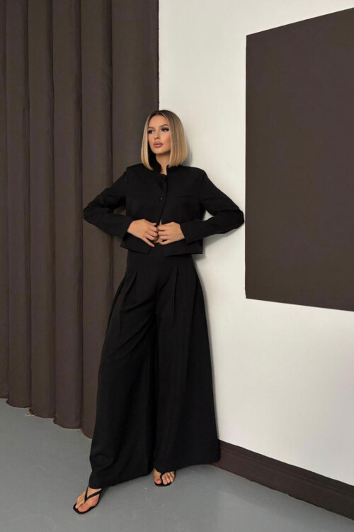 Siyah Çift Düğmeli Ceket Ve Pileli Dokuma Pantolon Alt Üst Takım BCHN-254005