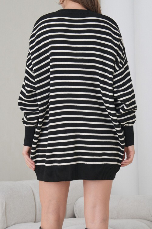 Siyah Çizgili Bisiklet Yaka Çizgili Triko Mini Elbise BCHPK-251240