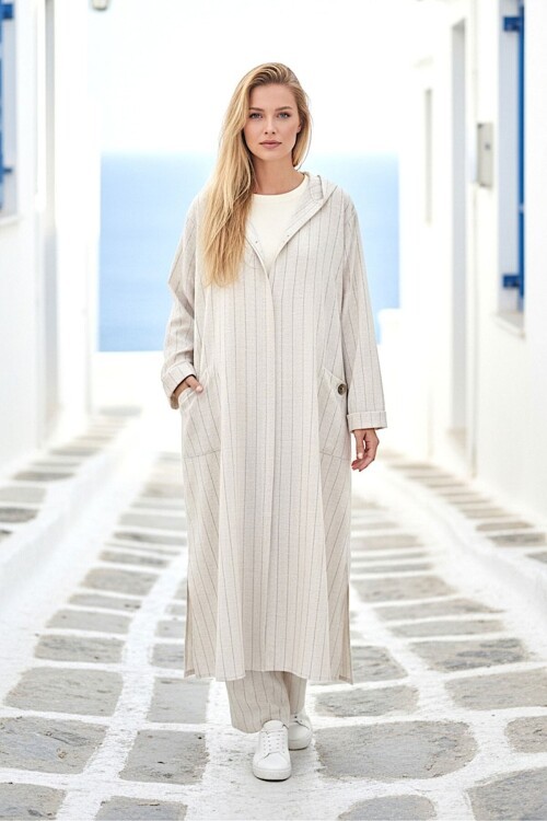 Siyah Çizgili Kapüşonlu Uzun Keten Takım