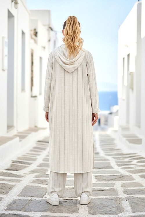 Siyah Çizgili Kapüşonlu Uzun Keten Takım