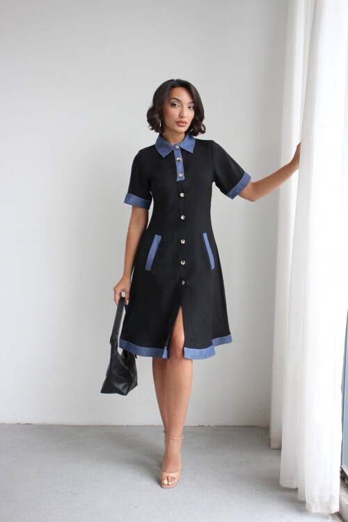 Siyah Denim Garnili Düğmeli Tensel Dokuma Elbise BCHN-2526114