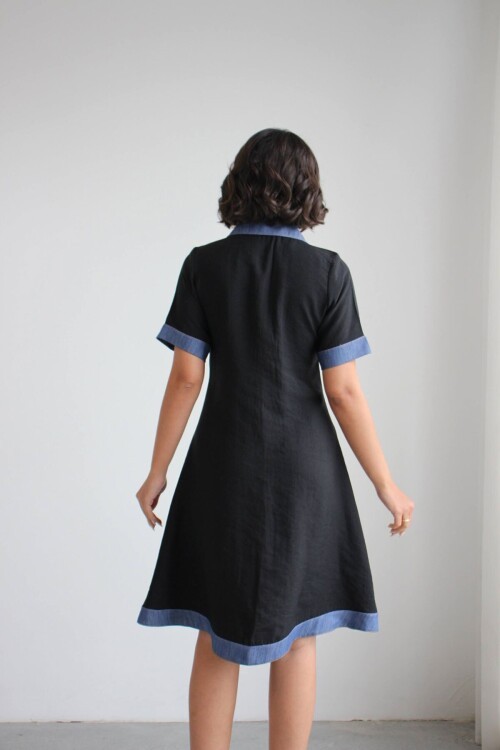 Siyah Denim Garnili Düğmeli Tensel Dokuma Elbise BCHN-2526114