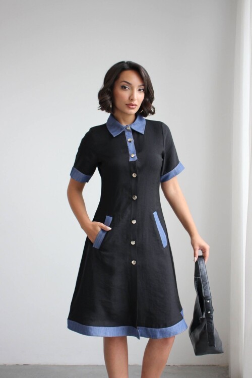Siyah Denim Garnili Düğmeli Tensel Dokuma Elbise BCHN-2526114