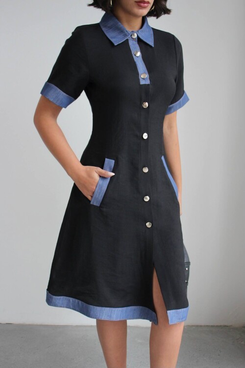 Siyah Denim Garnili Düğmeli Tensel Dokuma Elbise BCHN-2526114