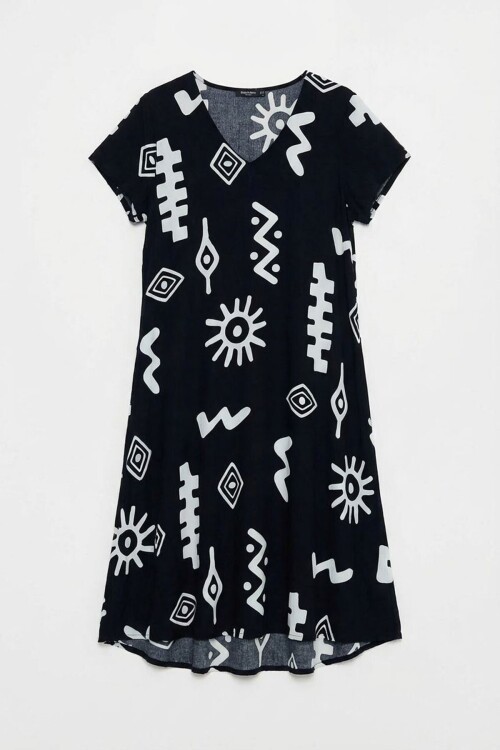 Siyah Desenli V Yaka Kısa Kollu Yırtmaçlı Midi Boy Elbise