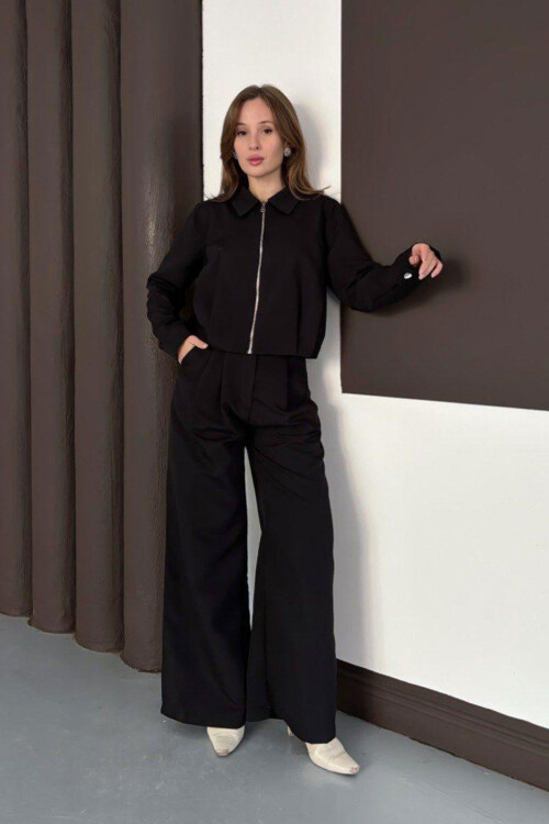 Siyah Fermuarlı Ceket Ve Pileli Pantolon Dokuma Alt Üst Takım BCHN-254003