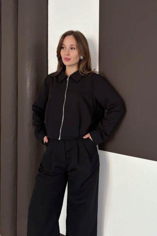 Siyah Fermuarlı Ceket Ve Pileli Pantolon Dokuma Alt Üst Takım BCHN-254003