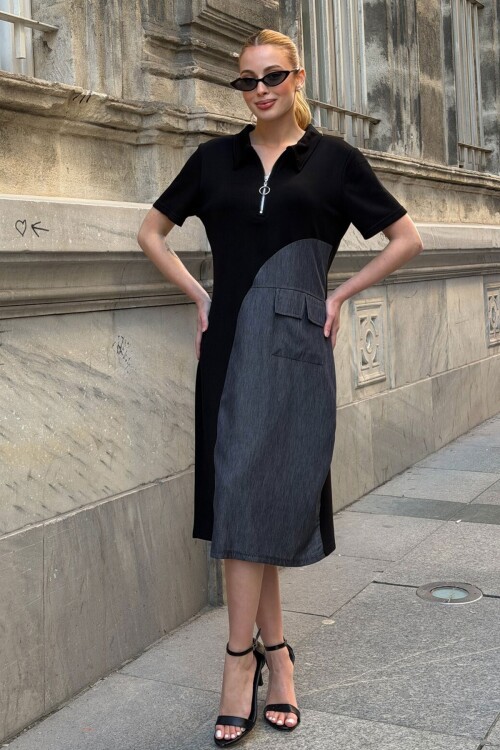Siyah Fermuarlı Modal Kumaş Yarı Tensel Elbise