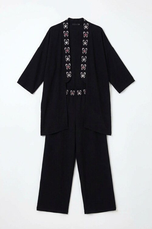 Siyah Fuşya Nakış İşlemeli Ceket Ve Pantolon Dokuma Viscon Alt Üst Takım
