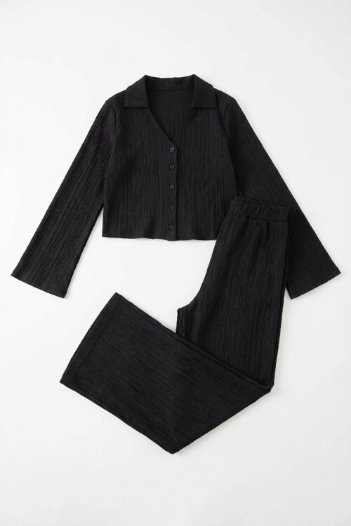Siyah Geniş Kol Düğme Detaylı Yakalı Bluz Ve Palazzo Pantolon Alt Üst Takım BCHN-2626136