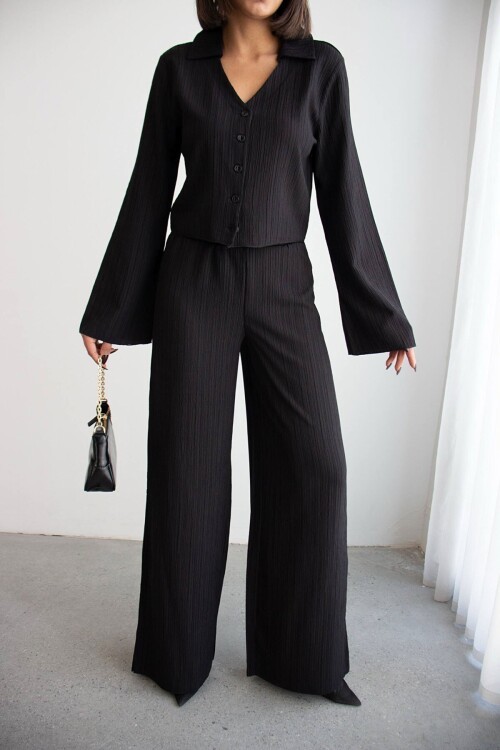 Siyah Geniş Kol Düğme Detaylı Yakalı Bluz Ve Palazzo Pantolon Alt Üst Takım BCHN-2626136