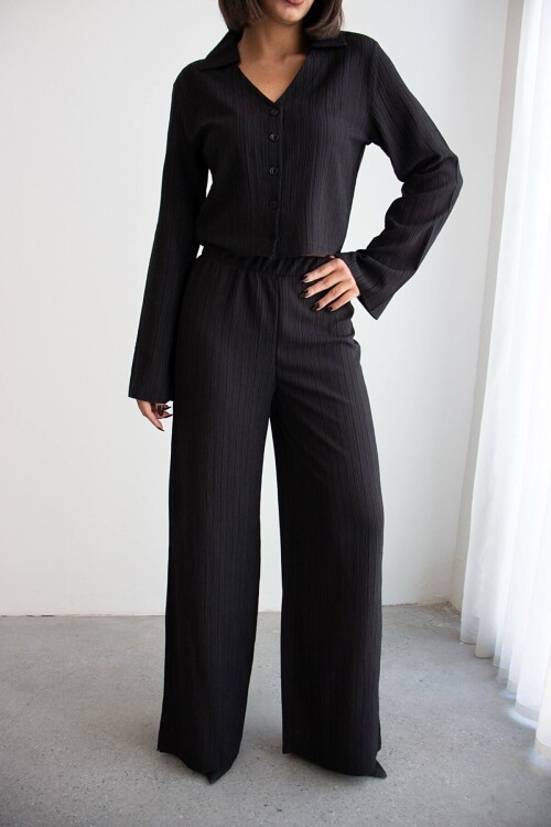 Siyah Geniş Kol Düğme Detaylı Yakalı Bluz Ve Palazzo Pantolon Alt Üst Takım BCHN-2626136