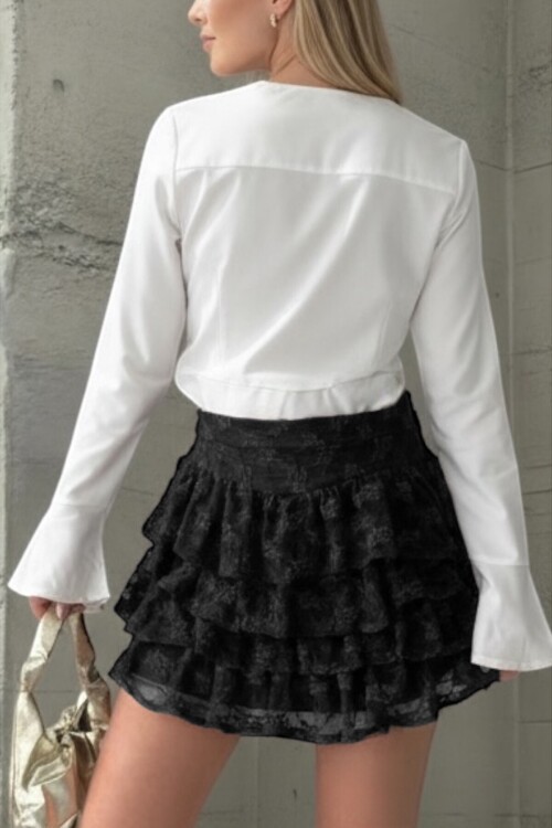 Siyah Gizli Fermuarlı Kat Kat Volanlı Astarlı Dantel Etek BCMM-261285