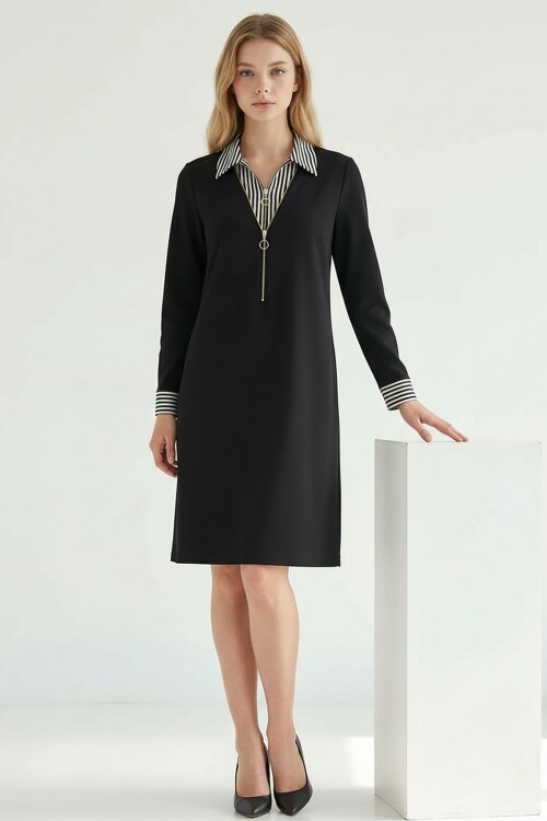 Siyah Göğüs Fermuar Detaylı Modal Kumaş Elbise