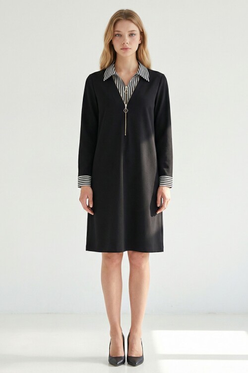 Siyah Göğüs Fermuar Detaylı Modal Kumaş Elbise