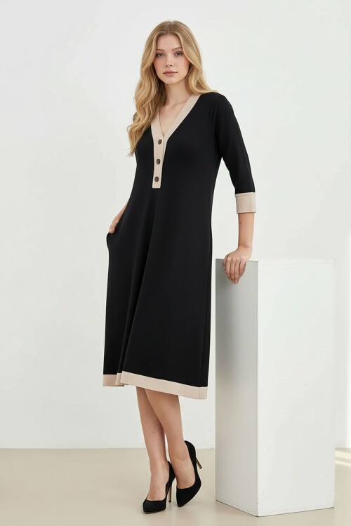 Siyah Göğüse Kadar Düğmeli Modal Kumaş Elbise